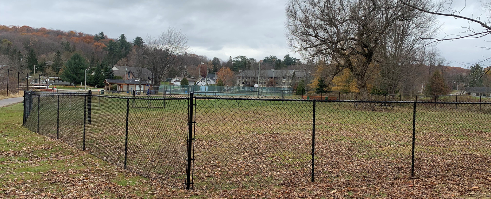 Image showing black chain link fence outline of new off-leash dog park at Head Lake.